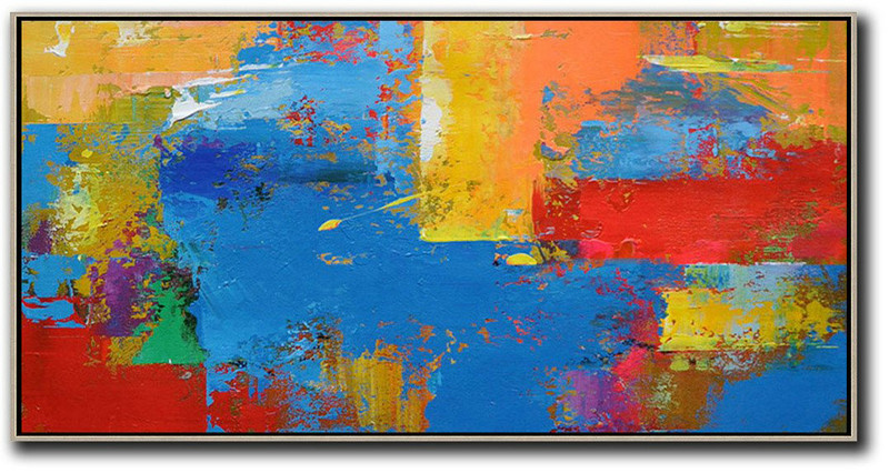 Horizontal Palette Knife Contemporary Art Panoramic Canvas Painting,Artwork For Sale,Blue,Yellow,Orange,Red